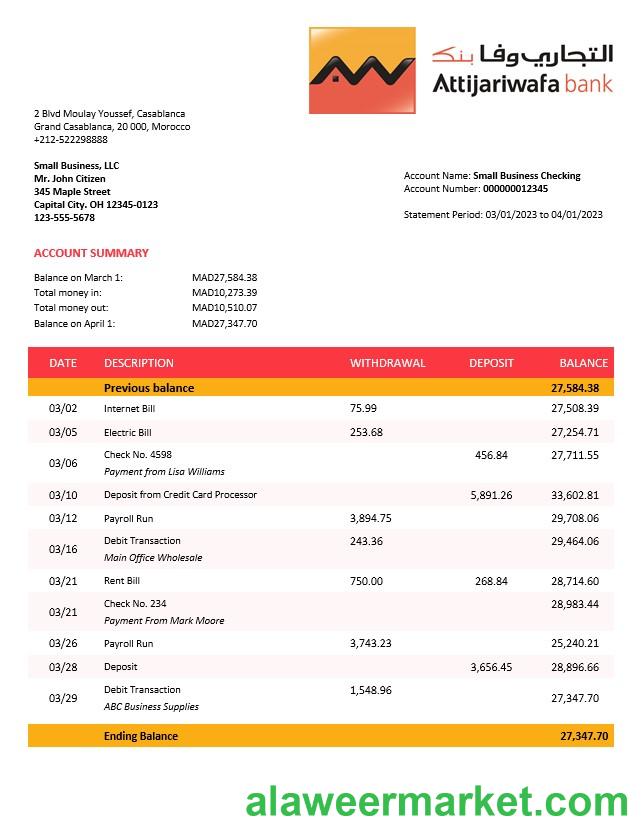 Attijariwafa Bank business statement Word and PDF template